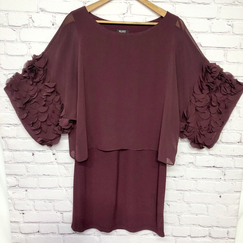 Macys SLNY Wine Color Dressy Sheer Lined Puff Ruffled Sleeve Luxury Dress Sz 8